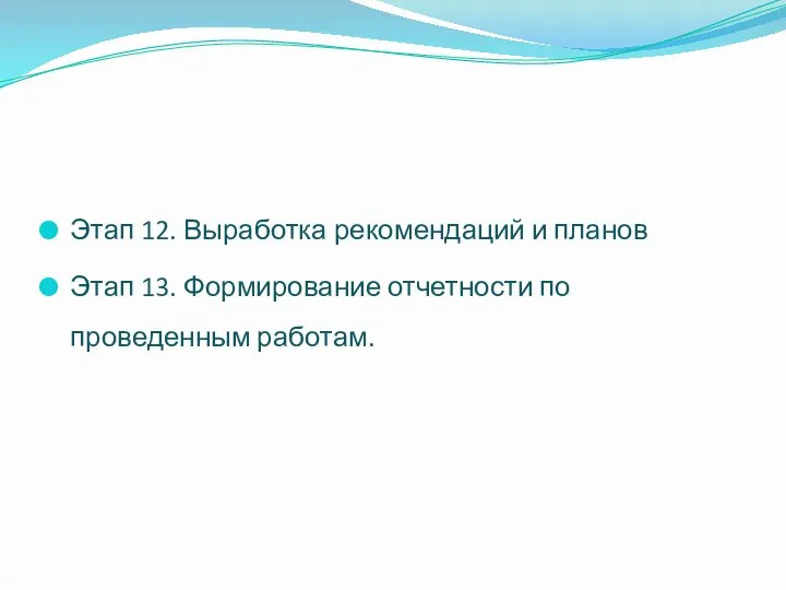 Этап 12. Выработка рекомендаций и планов Этап 13. Формирование отчетности по проведенным работам.