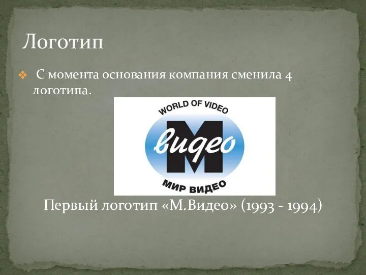 C момента основания компания сменила 4 логотипа. Первый логотип «М.Видео» (1993 - 1994) Логотип