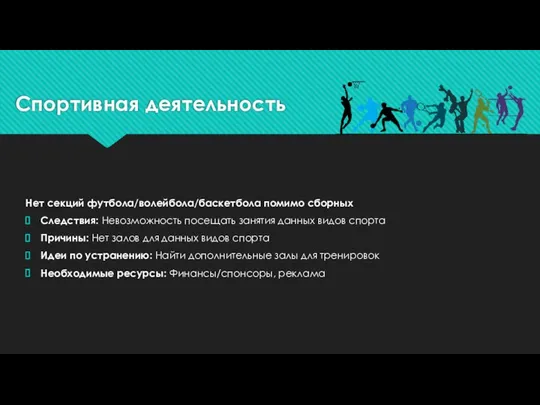 Спортивная деятельность Нет секций футбола/волейбола/баскетбола помимо сборных Следствия: Невозможность посещать занятия