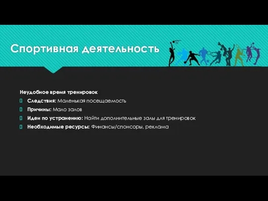 Спортивная деятельность Неудобное время тренировок Следствия: Маленькая посещаемость Причины: Мало залов