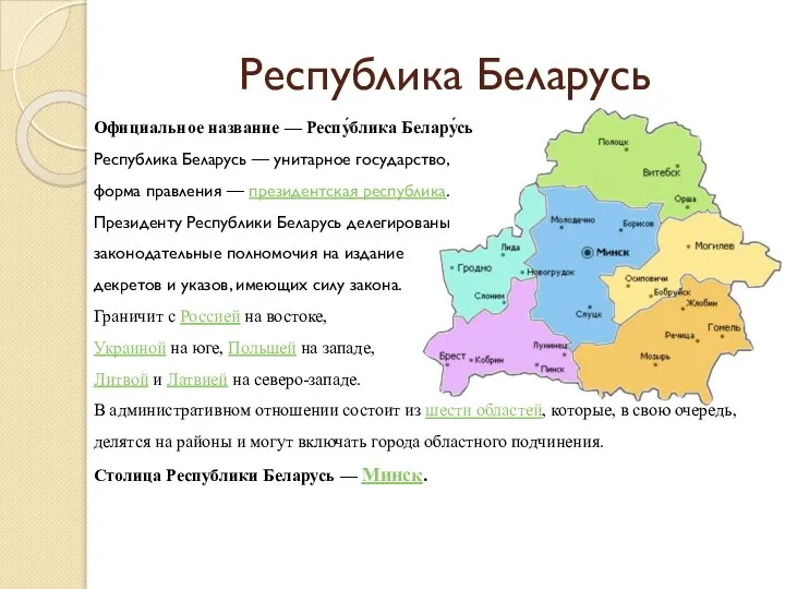 Республика Беларусь Официальное название — Респу́блика Белару́сь Республика Беларусь — унитарное