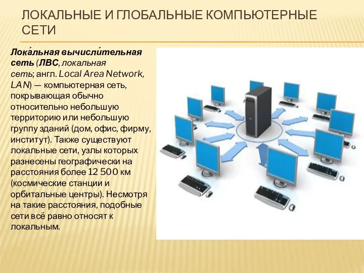 ЛОКАЛЬНЫЕ И ГЛОБАЛЬНЫЕ КОМПЬЮТЕРНЫЕ СЕТИ Лока́льная вычисли́тельная сеть (ЛВС, локальная сеть;