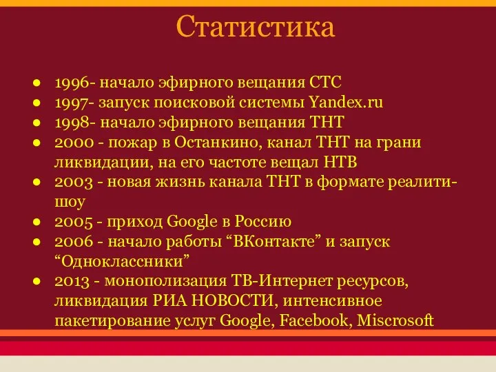 Статистика 1996- начало эфирного вещания СТС 1997- запуск поисковой системы Yandex.ru