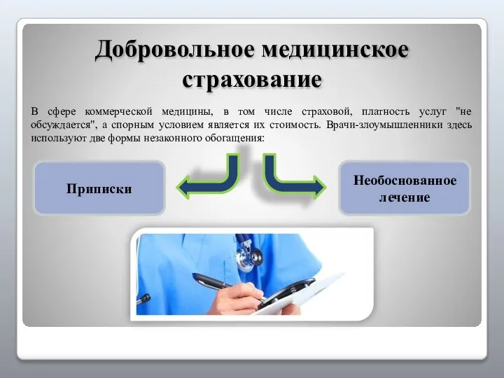 Добровольное медицинское страхование В сфере коммерческой медицины, в том числе страховой,