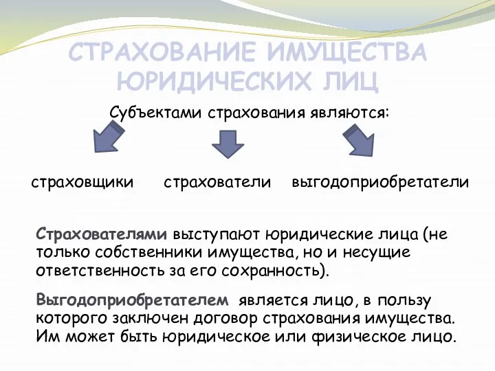 СТРАХОВАНИЕ ИМУЩЕСТВА ЮРИДИЧЕСКИХ ЛИЦ Субъектами страхования являются: страховщики страхователи выгодоприобретатели Страхователями