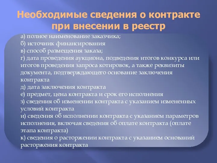 а) полное наименование заказчика; б) источник финансирования в) способ размещения заказа;