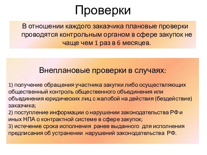 Проверки В отношении каждого заказчика плановые проверки проводятся контрольным органом в