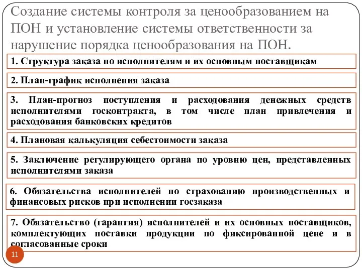 Создание системы контроля за ценообразованием на ПОН и установление системы ответственности