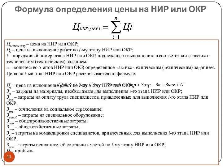 Формула определения цены на НИР или ОКР ЦНИР(ОКР) – цена на