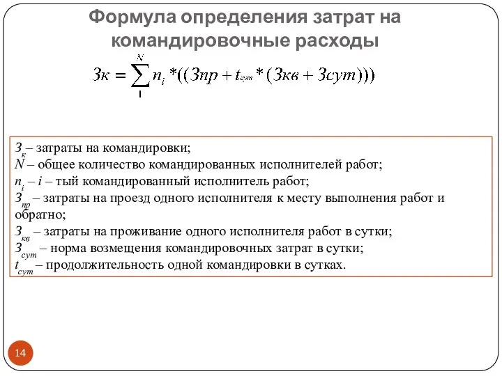 Формула определения затрат на командировочные расходы Зк– затраты на командировки; N