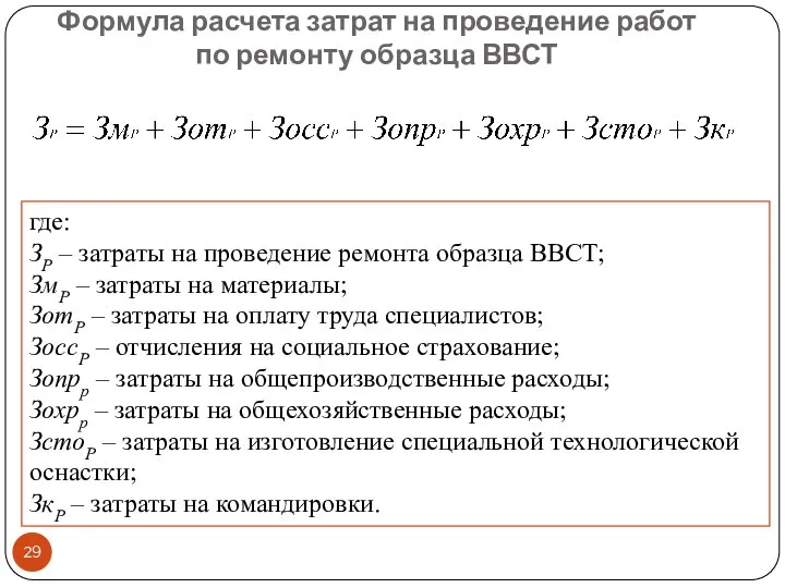 Формула расчета затрат на проведение работ по ремонту образца ВВСТ где: