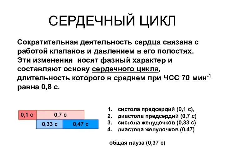 СЕРДЕЧНЫЙ ЦИКЛ систола предсердий (0,1 с), диастола предсердий (0,7 с) систола