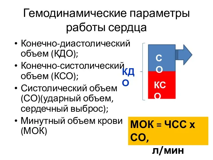 Гемодинамические параметры работы сердца Конечно-диастолический объем (КДО); Конечно-систолический объем (КСО); Систолический