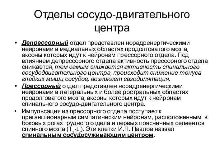 Отделы сосудо-двигательного центра Депрессорный отдел представлен норадренергическими нейронами в медиальных областях