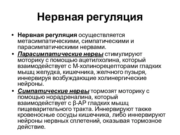 Нервная регуляция Нервная регуляция осуществляется метасимпатическими, симпатическими и парасимпатическими нервами. Парасимпатические