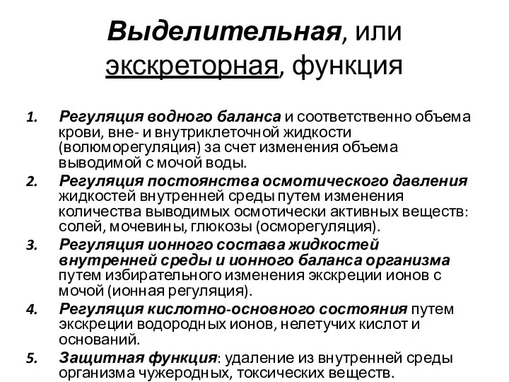 Выделительная, или экскреторная, функция Регуляция водного баланса и соответственно объема крови,