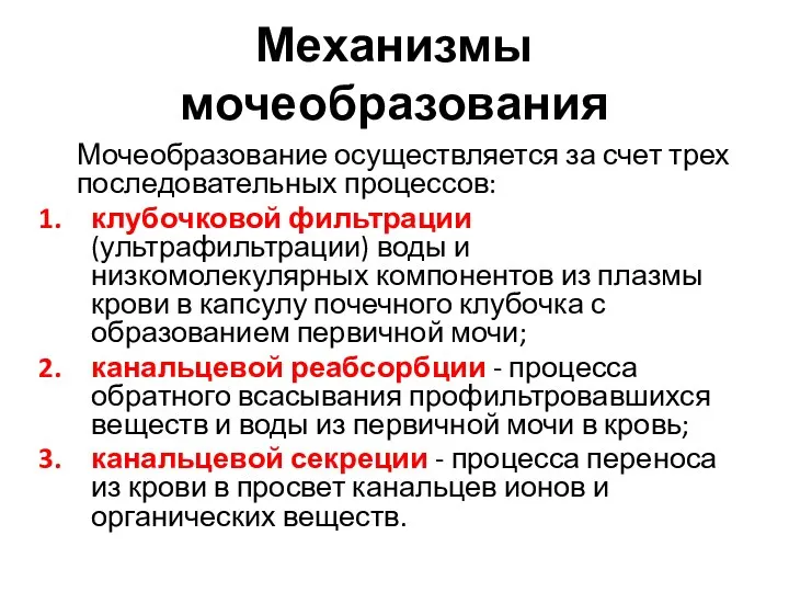 Механизмы мочеобразования Мочеобразование осуществляется за счет трех последовательных процессов: клубочковой фильтрации