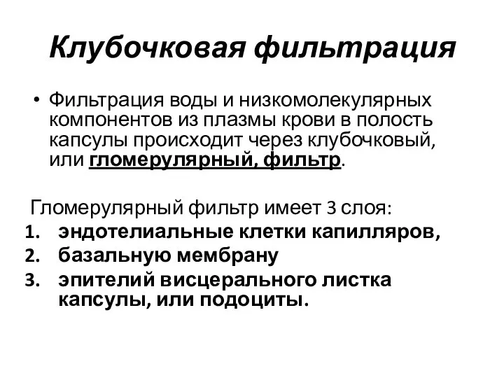 Клубочковая фильтрация Фильтрация воды и низкомолекулярных компонентов из плазмы крови в