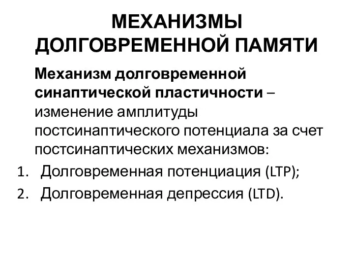 МЕХАНИЗМЫ ДОЛГОВРЕМЕННОЙ ПАМЯТИ Механизм долговременной синаптической пластичности – изменение амплитуды постсинаптического