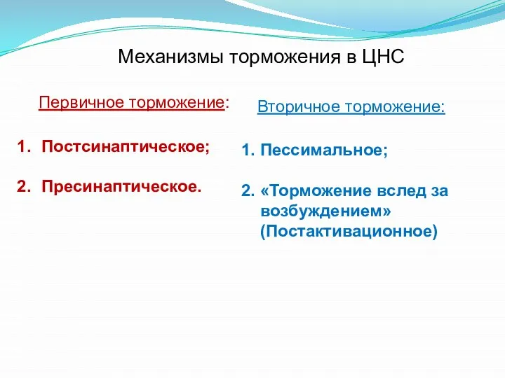 Механизмы торможения в ЦНС Первичное торможение: Вторичное торможение: Постсинаптическое; Пресинаптическое. 1.