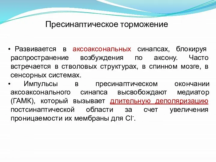 Пресинаптическое торможение Развивается в аксоаксональных синапсах, блокируя распространение возбуждения по аксону.