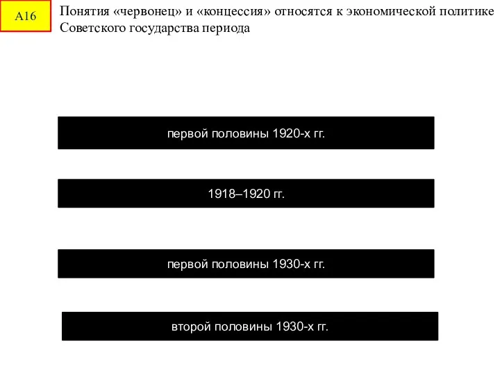 А16 Понятия «червонец» и «концессия» относятся к экономической политике Советского государства