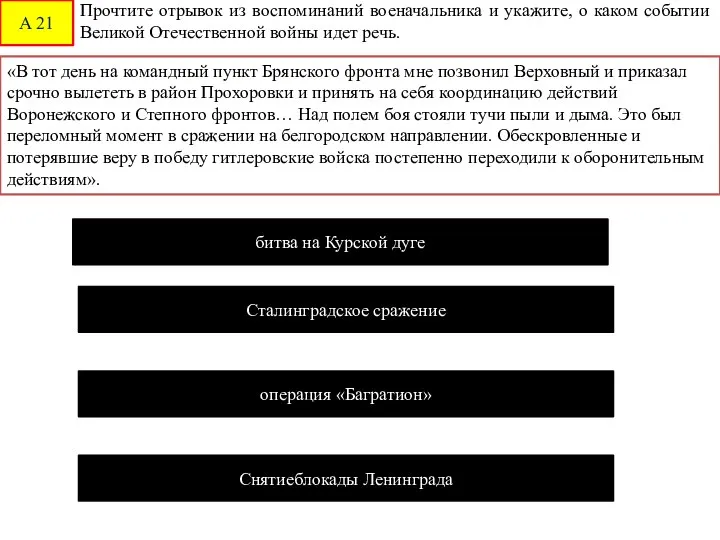 А 21 Прочтите отрывок из воспоминаний военачальника и укажите, о каком