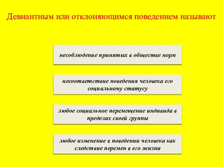 Девиантным или отклоняющимся поведением называют несоблюдение принятых в обществе норм несоответствие