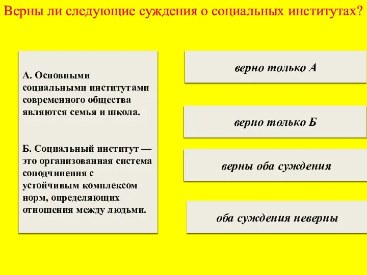 Верны ли следующие суждения о социальных институтах? верно только А верно