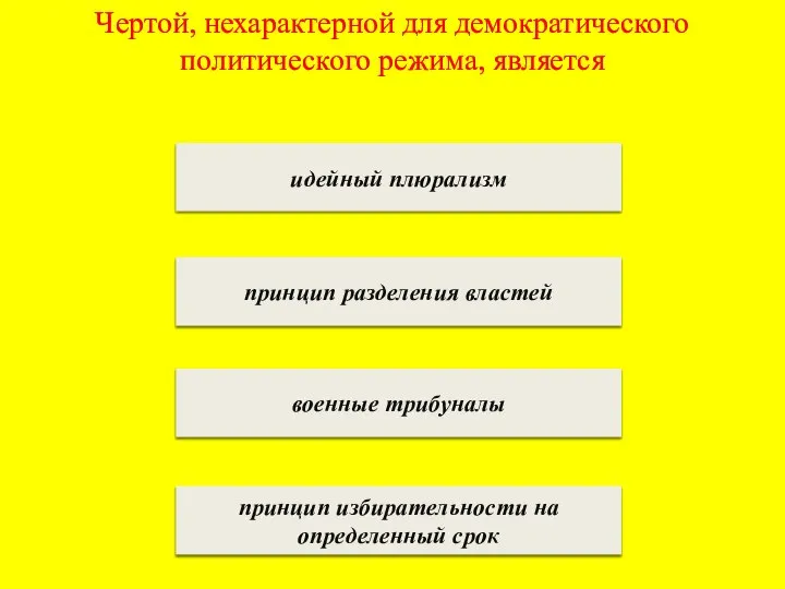 Чертой, нехарактерной для демократического политического режима, является идейный плюрализм принцип разделения