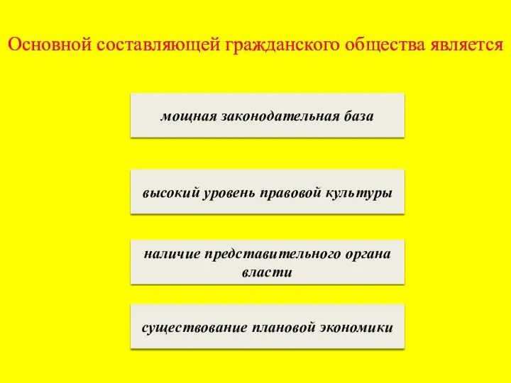 Основной составляющей гражданского общества является мощная законодательная база высокий уровень правовой