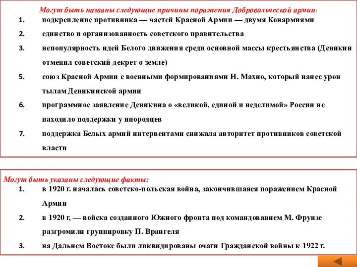 Могут быть названы следующие причины поражения Добровольческой армии: подкрепление противника —