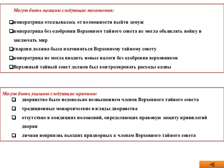 Могут быть названы следующие положения: императрица отказывалась от возможности выйти замуж