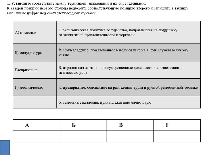 1. Установите соответствие между терминами, названиями и их опре­делениями. К каждой