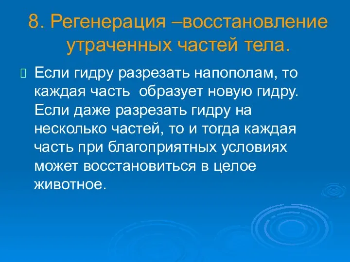 8. Регенерация –восстановление утраченных частей тела. Если гидру разрезать напополам, то