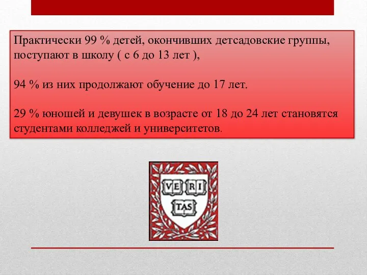 Практически 99 % детей, окончивших детсадовские группы, поступают в школу (