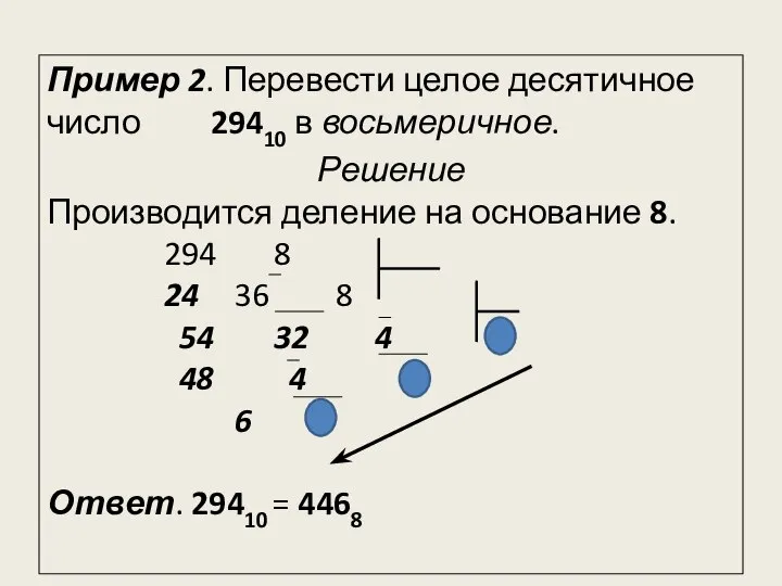 Пример 2. Перевести целое десятичное число 29410 в восьмеричное. Решение Производится