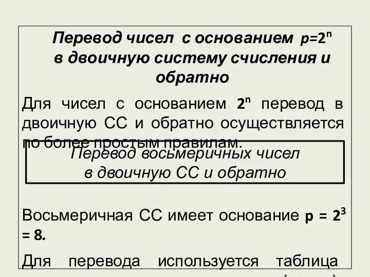 Перевод чисел с основанием p=2n в двоичную систему счисления и обратно