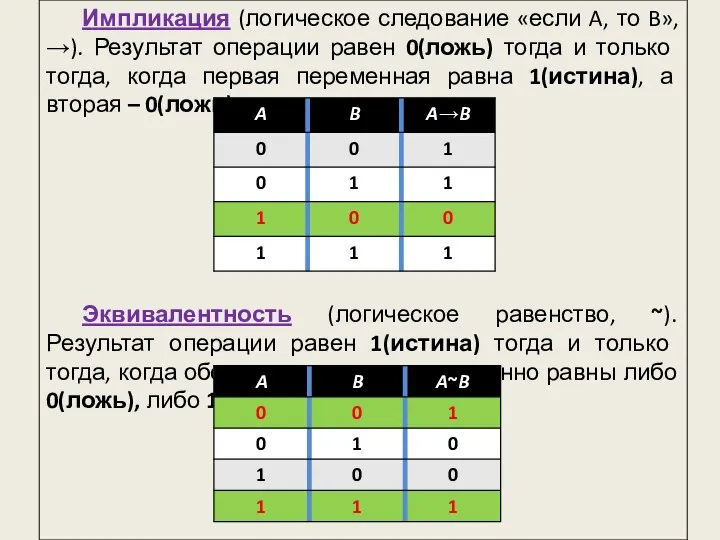 Импликация (логическое следование «если A, то B», →). Результат операции равен