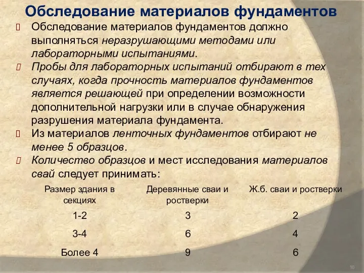 Обследование материалов фундаментов Обследование материалов фундаментов должно выполняться неразрушающими методами или