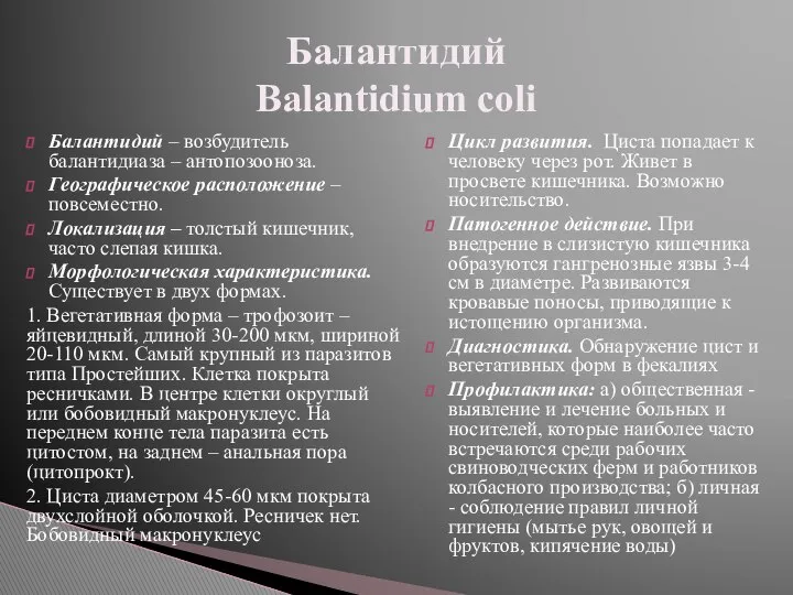 Балантидий – возбудитель балантидиаза – антопозооноза. Географическое расположение – повсеместно. Локализация