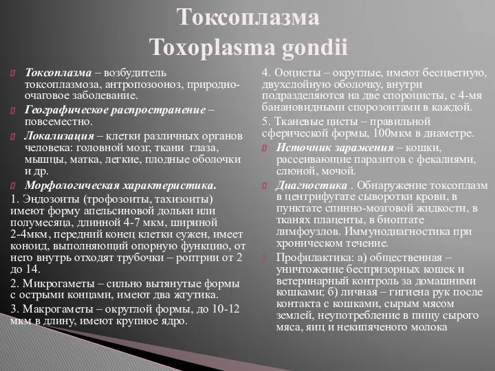 Токсоплазма – возбудитель токсоплазмоза, антропозооноз, природно-очаговое заболевание. Географическое распространение – повсеместно.