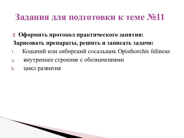 Оформить протокол практического занятия: Зарисовать препараты, решить и записать задачи: Кошачий