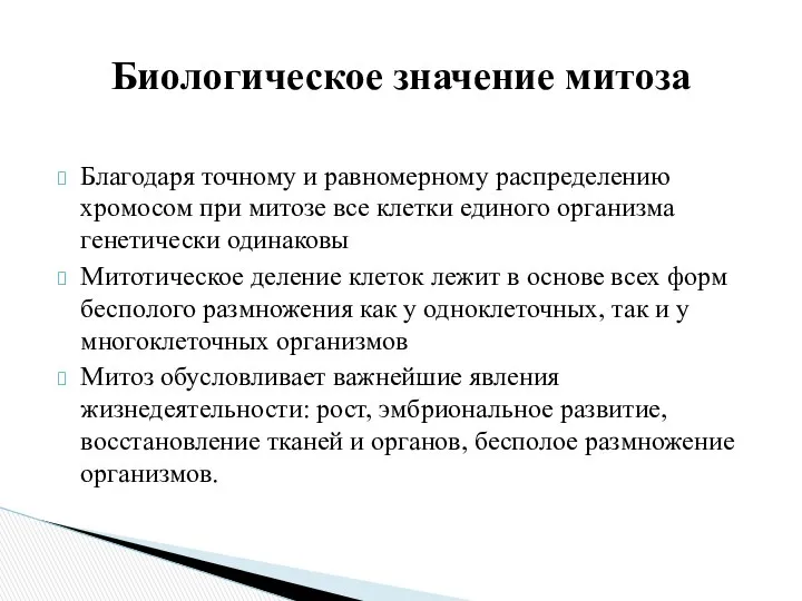 Благодаря точному и равномерному распределению хромосом при митозе все клетки единого