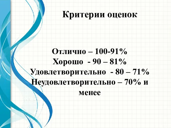 Отлично – 100-91% Хорошо - 90 – 81% Удовлетворительно - 80