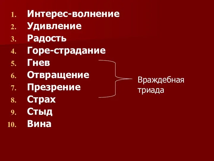 Интерес-волнение Удивление Радость Горе-страдание Гнев Отвращение Презрение Страх Стыд Вина Враждебная триада