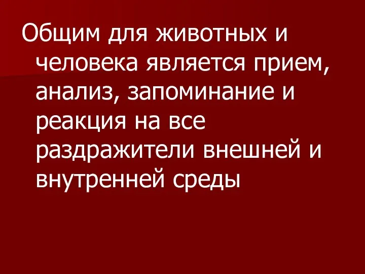 Общим для животных и человека является прием, анализ, запоминание и реакция