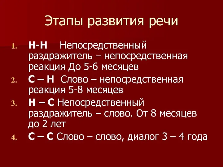 Этапы развития речи Н-Н Непосредственный раздражитель – непосредственная реакция До 5-6