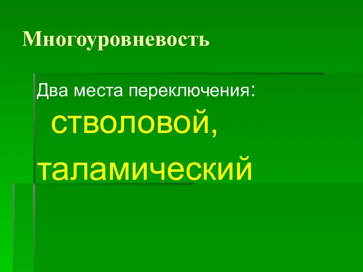 Многоуровневость Два места переключения: стволовой, таламический