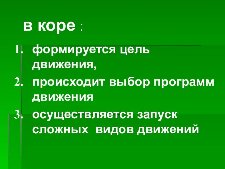 формируется цель движения, происходит выбор программ движения осуществляется запуск сложных видов движений в коре :